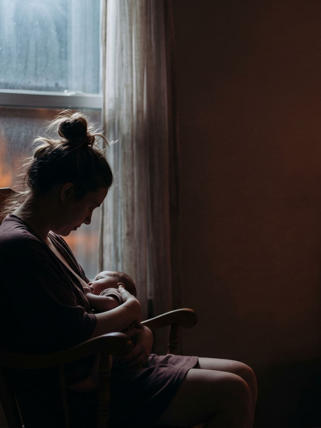 A mother holding her newborn in a dim bedroom at 3am, warm lamplight in the corner